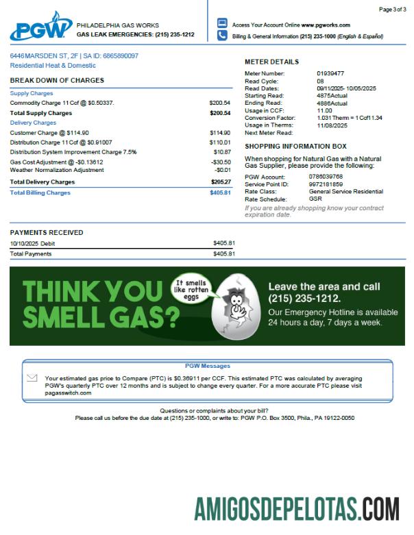 realista Modelo de conta de serviços públicos da USA Philadelphia Gas Works em formatos Word e PDF, 3 páginas. 3ª página